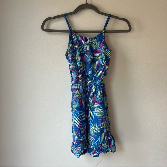 🌼 5/$25 George Girls Tropical Leaf Print Sundress Blue Multicolor Size 8 Rayon - Picture 1 of 11